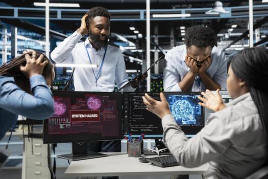 Data center technicians using artificial intelligence computerized model panicking after virus attack warning. Server room coworkers scared by hacking attempt on systems while using AI algorithms photo