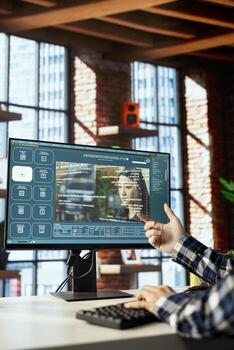 Graphic editor designing UI for artificial intelligence software turning text prompt into photos. Man in home office using text to image models employing deep learning tech photo