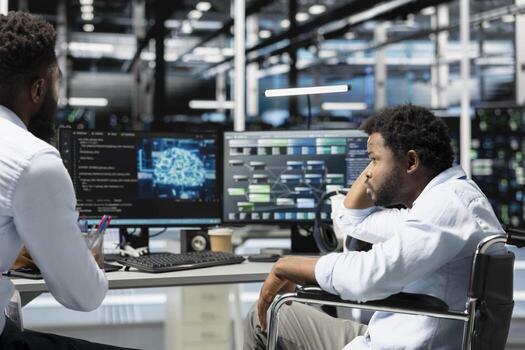 Data center supervisor and programmer with paraplegia using artificial intelligence computerized model. Server room manager and IT expert with disability using machine learning AI algorithms photo