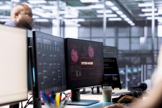 Cybersecurity professional responsible for monitoring, detecting and responding to security incidents affecting data center network system trying to get rid of virus after seeing breach photo