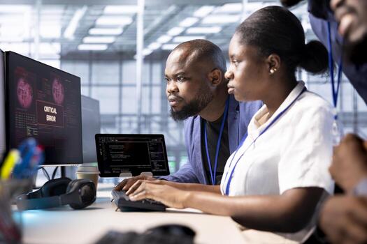 Team of programmers in server hub doing brainstorming, working to protect equipment from hacker. IT staff members facility in data center struggling to fix security breach alert photo