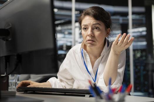 Worried server room employee sees error popup on screen while using software to perform computing tasks. Admin bummed by glitch warning message while using computer for intensive workloads photo