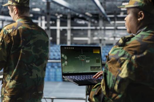 Team of army expert in data center visualizing battlefield zones from satellite command dashboard. Military units in server farm command center adjusting satellite tracking parameters photo