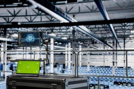 Green screen laptop in server room with machine learning technology detecting data patterns. Chroma key notebook in data center ensuring rapid data access and transfer rates for AI processing photo