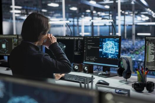 Technician in data center drinking coffee and optimizing hardware for AI tasks. Server hub employee enjoying caffeinated beverage at work, automating system diagnostics using deep learning photo