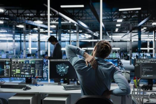 Tired data center software developer stretching to ease back tension while using AI LLM assistant. Server room IT professional massages injured back after long hours at computer coding with AI chatbot photo