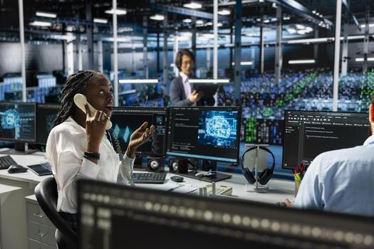 Admin in data center answers telephone call, assisting users with AI troubleshooting. Server farm IT specialist talks in phone call, managing clients issues using artificial intelligence photo