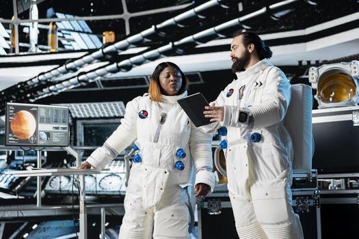 Cosmonauts in spaceship navigating orbital trajectory, doing Mars expedition for future of mankind. Astronauts mapping unknown worlds, exploring red planet to support human life beyond Earth photo