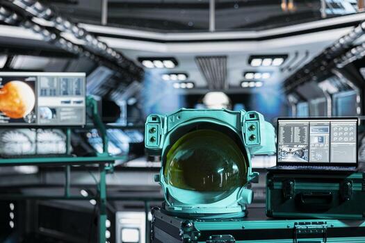 Close up of astronaut gear next to laptop in spaceship displaying planetary scan of Mars during expedition. Notebook in spacecraft showing red planet surface analytics metrics during orbital voyage photo