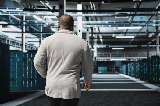 Admin in high tech data center doing checkup to prolong hardware life span protecting against network threats. Server hub IT specialist monitoring infrastructure rigs using automation tools photo