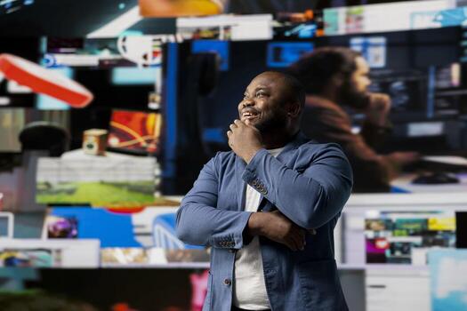 Modern black creator exploring the digital world through web platforms, reflecting trends in social media, sharing and user interface design within an immersive online environment. photo