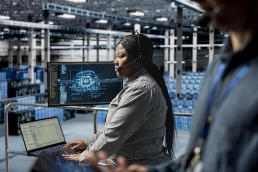Server hub technicians diagnosing hardware failures using AI support systems, guiding users. Teamworking data center coworkers using headset mic, using automated AI scripts to resolve clients issues photo