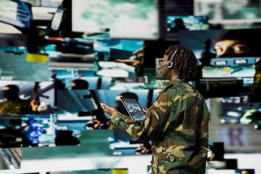 Army telecommunications operator uses tablet and headset to manage secure military communications. Soldier coordinates mission support from command center with surveillance screens in background photo