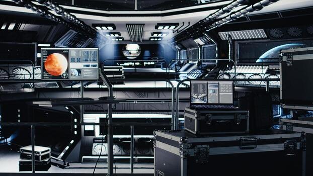 Laptop in starship showing thermal stability and core performance metrics during orbital flight to Mars. Spaceship engine readouts analytics on notebook during trip to alien red planet photo