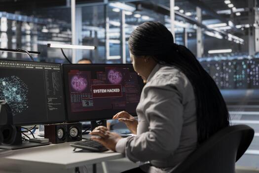 Data center software developer coding fixes after detecting irregular network activity patterns. African american server room IT expert trying to repair malicious threats using detection tools. photo