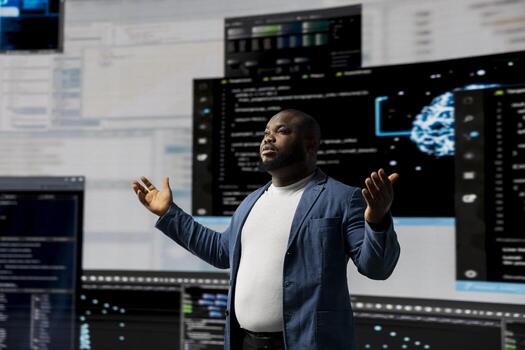 Black professional software engineer programming for tech innovation, reviewing data and binary code on the dashboard. IT specialist examining programming language code for transformation. photo