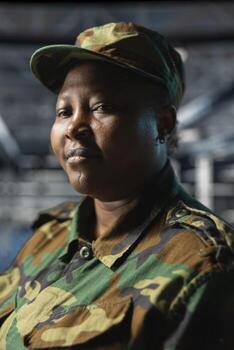 Close up of server hub employee in soldier uniform evaluating infrastructure resilience under enemy attacks. Army information technology specialist in data center testing classified defense software photo