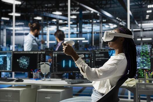 Engineer in data center using virtual reality and AI LLM assistant to do maintenance on equipment rigs. Server hub worker wearing VR headset using large language model chatbot to do backups photo