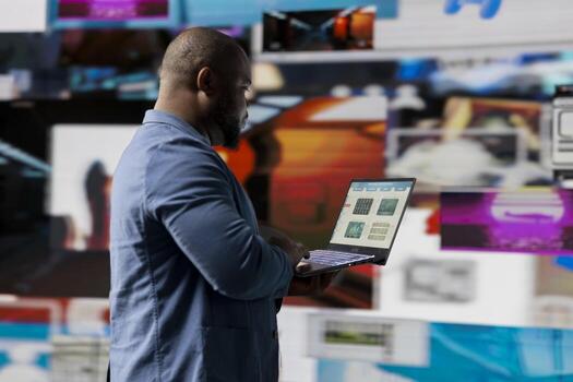 Young african american person connected in a world of platforms and digital content, representing the future of social engagement, AI driven networks and interactive web experiences. User interface. photo