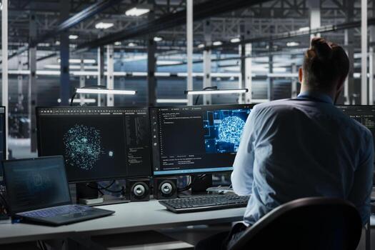 Software developer in data center optimizing hardware for AI tasks, increasing workloads. Server farm IT specialist automating system diagnostics using deep learning predictions photo