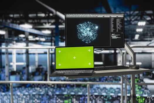 Isolated screen laptop monitoring systems processing deep learning datasets for AI workflows. Mockup computer tracking equipment supporting artificial intelligence model development. photo