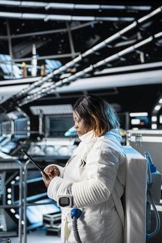 Female astronaut preparing for scientific mission, operating spacecraft control interface using tablet. Spaceship crew member in spacesuit looking at planetary exploration data on device screen photo