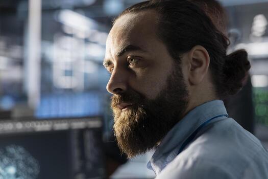 Data center admin doing software updates, verifying neural network parameters in workplace. Close up of server hub IT specialist inspecting configurations, ensuring optimal application performance photo