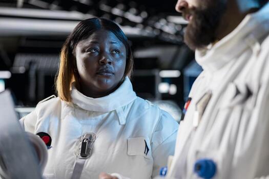 Close up of astronauts in spacecraft using laptop to track stars and asteroids patterns Spaceship crew in spacesuits analyzing mission logs on notebook during planetary exploration photo