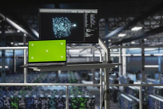 Industrial platform workstation in data center displaying machine learning code on isolated laptop screen. Server room mockup pc running AI models monitoring operational efficiency. photo
