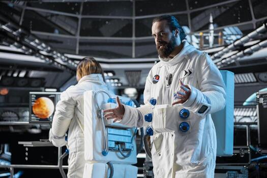 Orbital station colleagues travelling to Mars, mapping unknown worlds. Teamworking astronauts in spaceship exploring Martian planetary surface to advance scientific knowledge photo