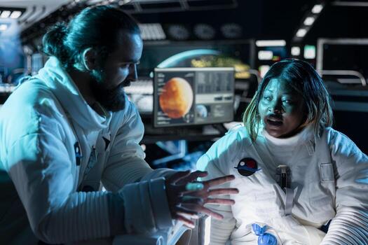 Astronauts on orbital station doing brainstorming while flying to Mars, deciding trajectory. Cosmonauts talking in spaceship about red planet surface research journey travelling path photo