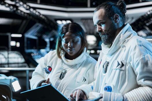 Teamworking astronauts calibrating sensors, using laptop to confirm suit integrity. Cosmonauts in spacecraft powered by advanced engineering testing gear during routine equipment check photo