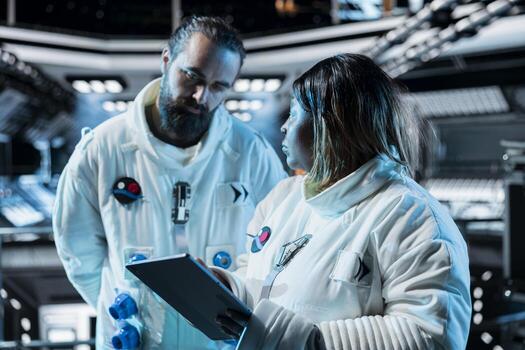 Team of cosmonauts managing systems using tablet, preparing for planetary mission outside. Astronauts look at orbital navigation data in cockpit, beginning landing procedures on planet photo