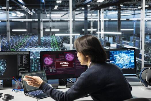 Data center software developer struggling to fix malfunctions while using AI tools. Server farm IT expert receiving critical error while using artificial intelligence to optimize system health photo