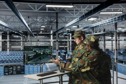 Teamworking army experts in data center visualizing thermal surveillance feed from deployed satellites. Military units in server room tracking enemy hostile movements using orbital scans photo