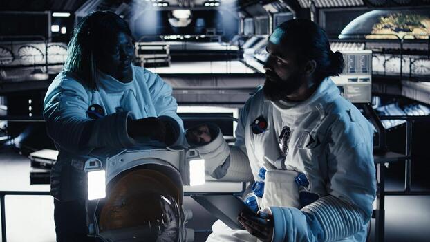 Researchers fly together in starship exploring Mars, expanding human presence in space Cosmonauts ensuring operational readiness before landing on red planet supporting future colonization photo