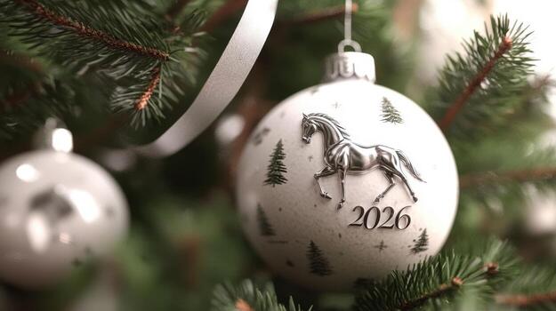 Decorative Christmas frame featuring silver and white ornaments with horse design and 2026 year against lush green tree branches photo