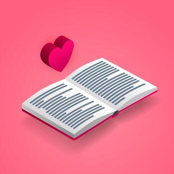 Isometric open book with a red heart symbol above vector