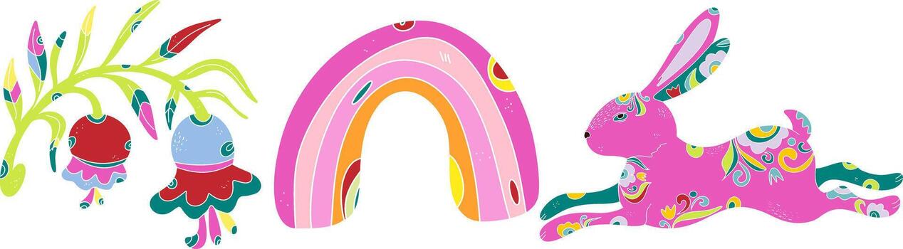 a colorful rabbit and a rainbow are in the middle of a flower vector