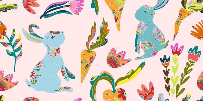 a colorful pattern with rabbits and flowers vector