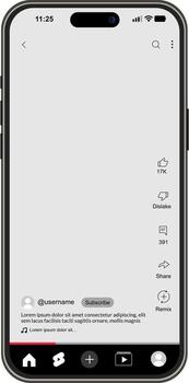 YouTube Shorts mobile app mockup with a vertical player interface, vector