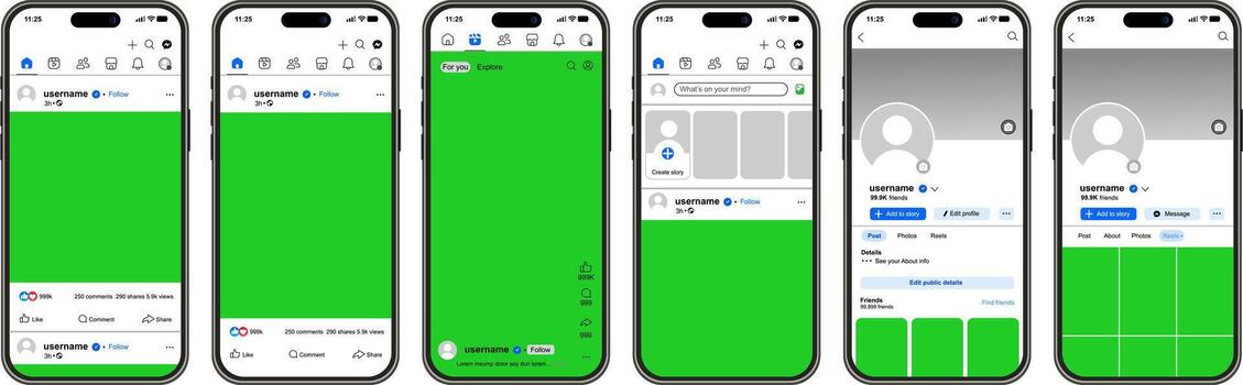 Complete set of Facebook mobile mockups with green screen areas, vector