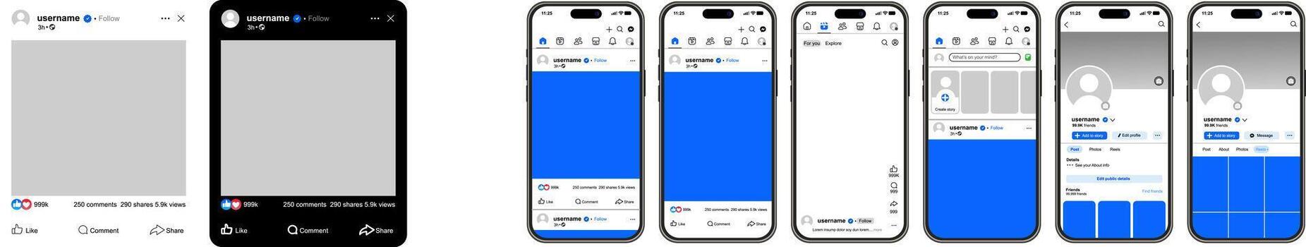 Facebook mobile interface mockup set, dark and light post vector