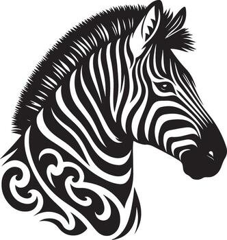 Stylized african zebra head illustration featuring intricate tribal geometric patterns and bold contrasting colors for graphic design and decorative applications vector