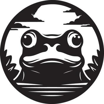 Whimsical stylized frog face artfully contained within a circular frame showcasing a serene water and sky backdrop for creative projects vector