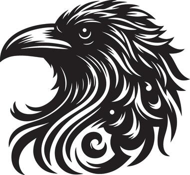 Artistic stylized black raven head illustration with intricate ornate feathers and decorative swirling patterns for graphic design projects vector