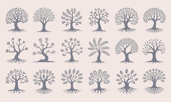 Collection of diverse stylized trees with visible roots and branches in grey silhouette on a light pink background vector