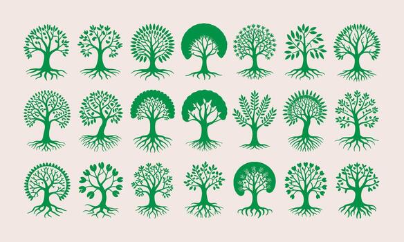 Collection of twenty green stylized trees with visible roots on a light beige background illustration Editable stroke vector
