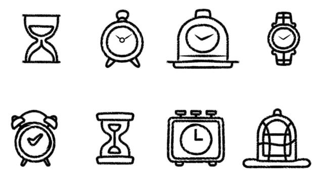Collection of hand drawn doodle style time icons with clock watch alarm and timer vector