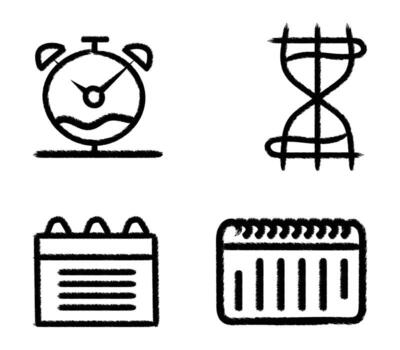 Collection of hand drawn doodle style time and date icons including clock alarm and calendar vector